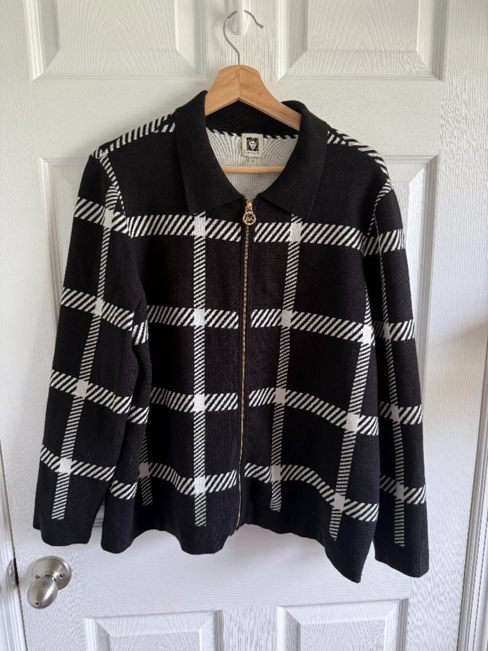 Anne Klein Womens Large Full Zip Black and Ivory Plaid Jacket